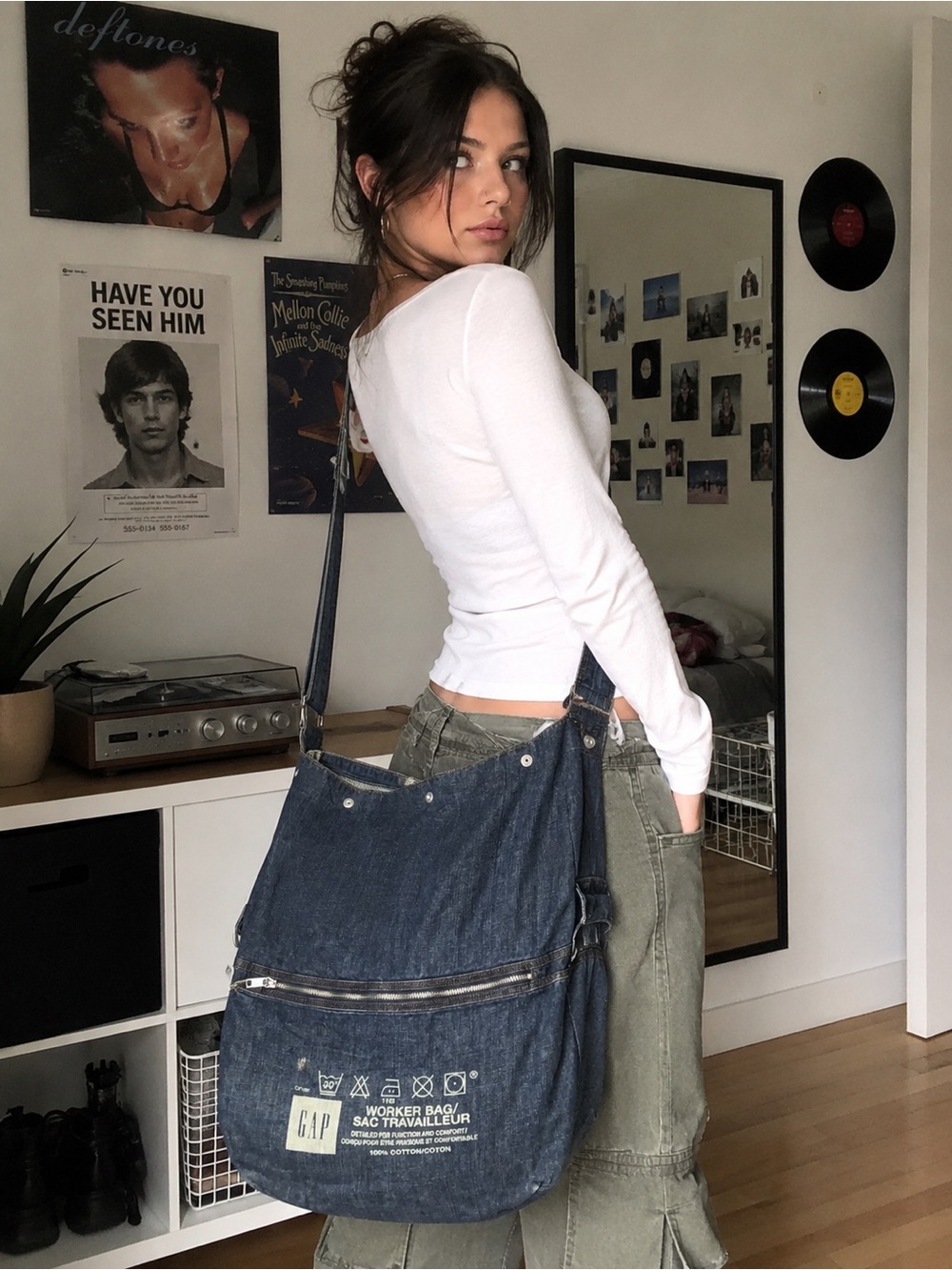Vintage GAP Denim Worker Bag Oversized Messenger Tote Y2K Blue Jean Bag